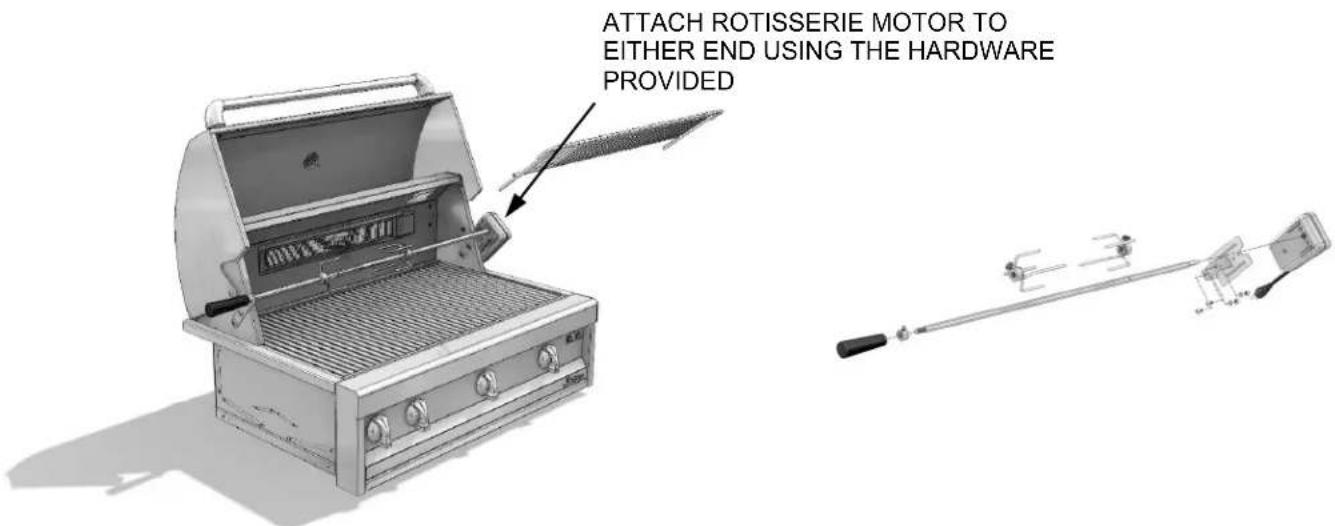 ATTACH ROTISSERIE MOTOR TO EITHER END USING THE HARDWARE PROVIDED
