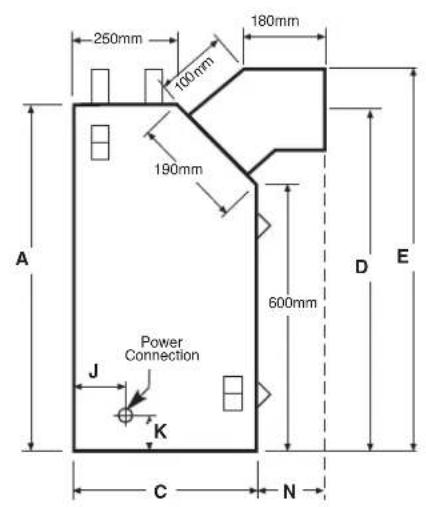 250mm 180mm 100mm 190mm 600mm A D E Power Connection J K C N