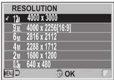 RESOLUTION ✓ 12M 4000 x 3000 9M 4000 x 2256[16:9] 6M 2816 x 2112 4M 2288 x 1712 2M 1600 x 1200 0.3M 640 x 480 MENU SET OK