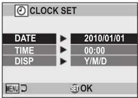 CLOCK SET DATE ▶ 2010/01/01 TIME ▶ 00:00 DISP ▶ Y/M/D MEN. ⬆ SET OK