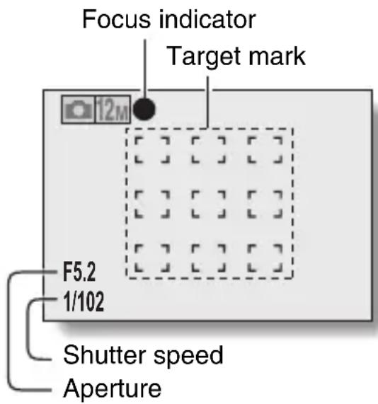 Focus indicator Target mark 12M F5.2 1/102 Shutter speed Aperture