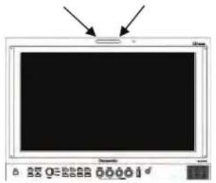 Computer monitor with blank screen and control buttons at bottom (no readable text or symbols)