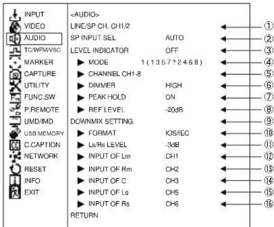 INPUT VIDEO AUDIO TC/WFMVSC MARKER CAPTURE UTILITY FUNC.SW P.REMOTE UMD/IMD USB MEMORY C.CAPTION NETWORK RESET INFO EXIT LINE/SP CH, CH1/2 SP INPUT SEL AUTO LEVEL INDICATOR OFF MODE 1 (13572468) CHANNEL CH1-8 DIMMER HIGH PEAK HOLD ON REF LEVEL -20dB DOWNMIX SETTING FORMAT IOS/IEC Ls/Rs LEVEL -3dB IN…