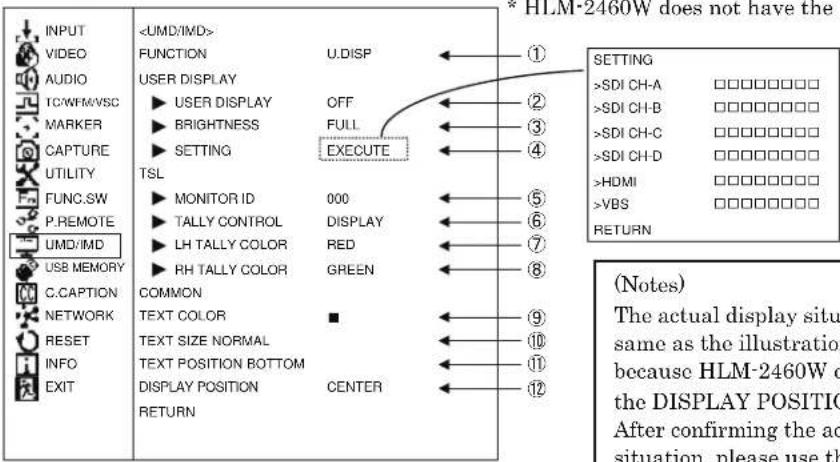 INPUT VIDEO AUDIO TCW/FM/VSC MARKER CAPTURE UTILITY FUNC.SW P.REMOTE UMD/IMD USB MEMORY C.CAPTION NETWORK RESET INFO EXIT FUNCTION USER DISPLAY ► USER DISPLAY OFF ► BRIGHTNESS FULL ► SETTING EXECUTE TSL ► MONITOR ID 000 ► TALLY CONTROL DISPLAY ► LH TALLY COLOR RED ► RH TALLY COLOR GREEN COMMON TEXT…