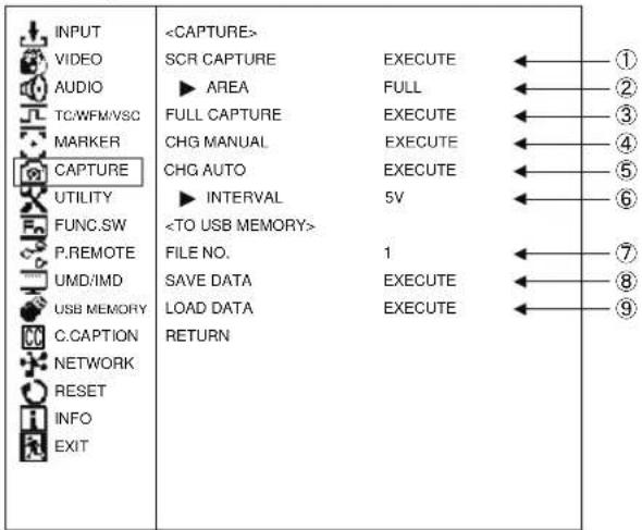 INPUT VIDEO AUDIO TC/WFM/VSC MARKER CAPTURE UTILITY FUNC.SW P.REMOTE UMD/IMD USB MEMORY C.CAPTION NETWORK RESET INFO EXIT SCR CAPTURE ▶ AREA FULL CAPTURE CHG MANUAL CHG AUTO ▶ INTERVAL FILE NO. SAVE DATA LOAD DATA RETURN EXECUTE FULL EXECUTE EXECUTE 5V 1 EXECUTE EXECUTE ① ② ③ ④ ⑤ ⑥ ⑦ ⑧ ⑨