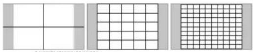 Three grid patterns with no text or symbols: a simple rectangular grid, a vertical line, and a square grid (no text or symbols)