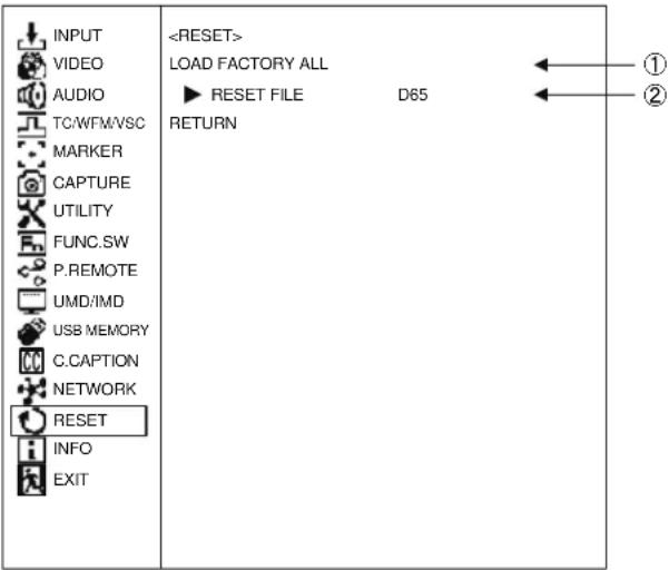 INPUT VIDEO AUDIO TC/WFM/VSC MARKER CAPTURE UTILITY FUNC.SW P.REMOTE UMD/IMD USB MEMORY C.CAPTION NETWORK RESET INFO EXIT LOAD FACTORY ALL ▶ RESET FILE D65 RETURN ① ②
