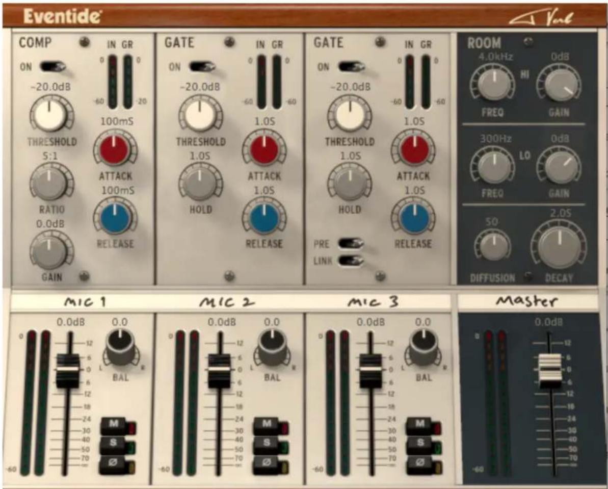 Eventide COMP ON -20.0dB THRESHOLD 5:1 RATIO 0.0dB GAIN IN GR -60 100mS ATTACK 100mS RELEASE GATE ON -20.0dB THRESHOLD 1.0S HOLD IN GR -60 1.0S ATTACK 1.0S RELEASE GATE ON -20.0dB THRESHOLD 1.0S HOLD IN GR -60 1.0S ATTACK 1.0S RELEASE ROOM 4.0kHz FREQ 4.0kHz HI FREQ 4.0kHz OdB GAIN 300Hz LO FREQ 300Hz LO GAIN 50 DIFFUSION 2.0S DECAY MIC 1 MIC 2 MIC 3 Master 0.0dB 0.0dB 0.0dB 0.0dB 0.0dB 0.0dB 0.0dB 0.0dB 0.0dB 0.0dB 0.0dB
