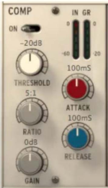 COMP ON -20dB THRESHOLD S:1 RATIO 0dB GAIN IN GR 0 -60 -20 100mS ATTACK 100mS RELEASE