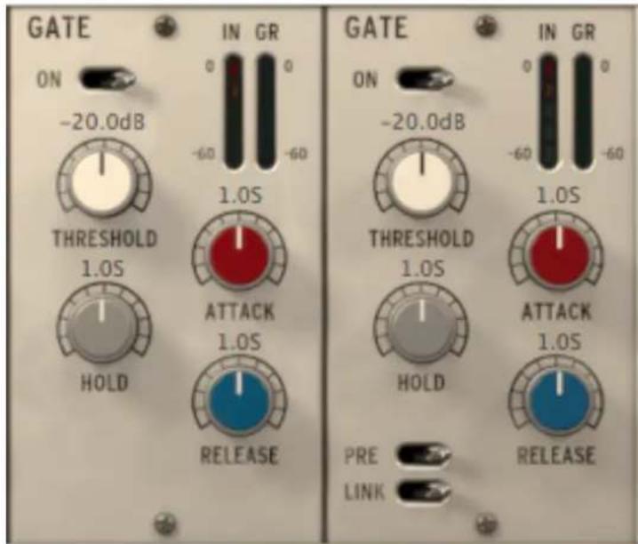 GATE ON -20.0dB IN GR -60 -60 1.0S THRESHOLD 1.0S HOLD ATTACK 1.0S RELEASE GATE ON -20.0dB IN GR -60 -60 1.0S THRESHOLD 1.0S HOLD ATTACK 1.0S PRE LINK RELEASE