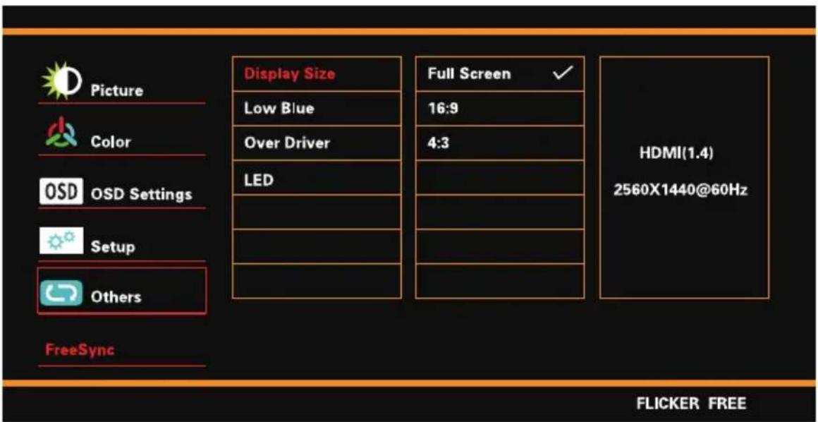 Picture Color OSD OSD Settings Setup Others FreeSync Display Size Low Blue Over Driver LED Full Screen 16:9 4:3 HDMI(1.4) 2560X1440@60Hz FLICKER FREE