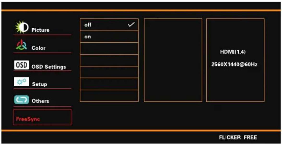 Picture Color OSD OSD Settings Setup Others FreeSync off on HDMI(1.4) 2560X1440@60Hz FLICKER FREE