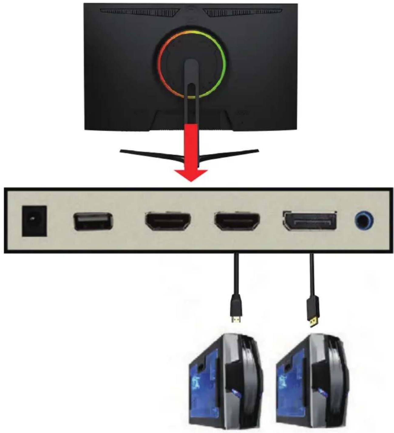 Diagram showing a monitor with a circular indicator and connected to two USB drive units, illustrating the process of device connection.