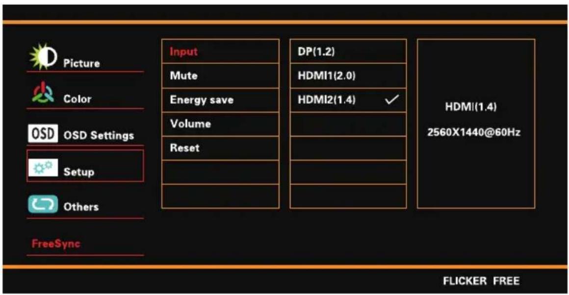 Picture Color OSD OSD Settings Setup Others FreeSync Input Mute Energy save Volume Reset DP(1.2) HDMI1(2.0) HDMI2(1.4) ✓ HDMI(1.4) 2560X1440@60Hz FLICKER FREE