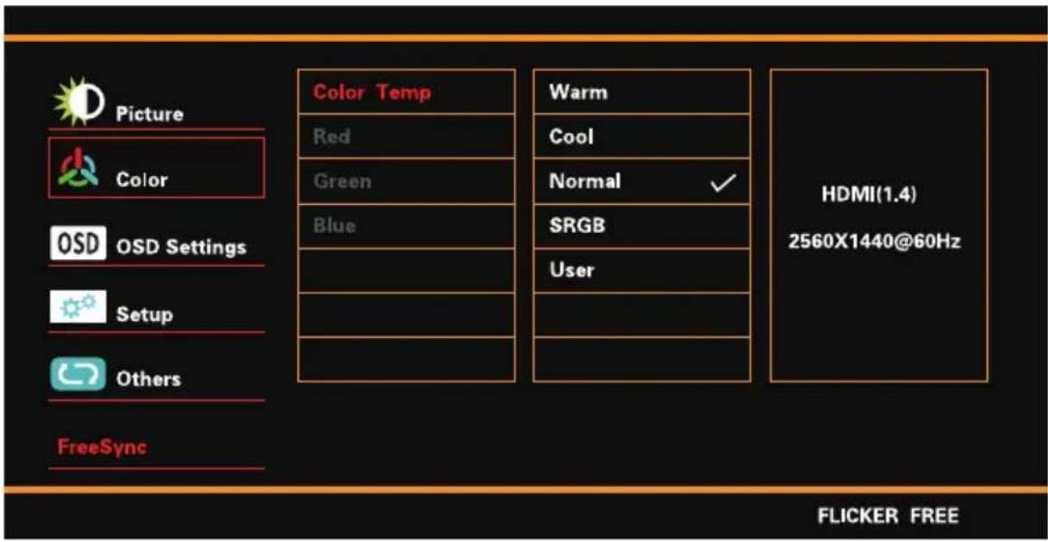 Picture Color OSD OSD Settings Setup Others FreeSync Color Temp Red Green Blue Warm Cool Normal ✓ SRGB User HDMI(1.4) 2560X1440@60Hz FLICKER FREE