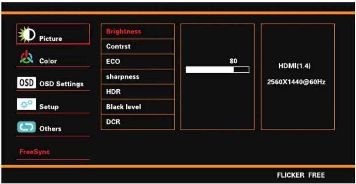 Picture Color OSD OSD Settings Setup Others FreeSync Brightness Contrast ECO sharpness HDR Black level DCR 80 HDMI(1.4) 2560X1440@60Hz FLICKER FREE