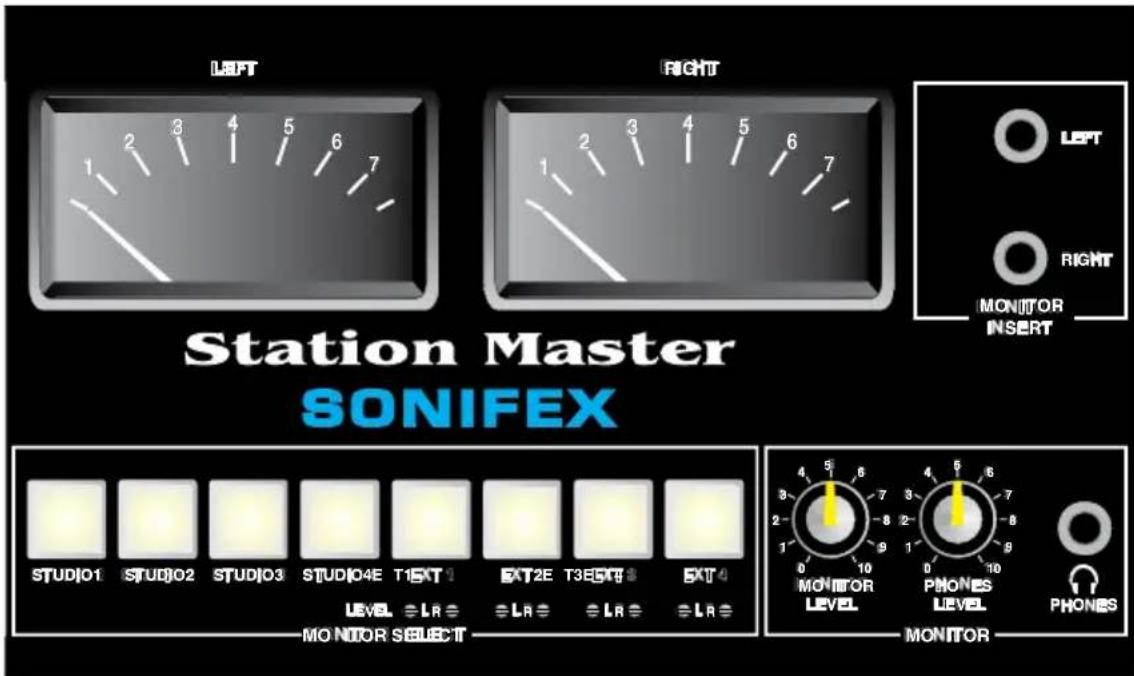 LEFT RIGHT Station Master SONIFEX STUDIO1 STUDIO2 STUDIO3 STUDIO4E T1EXT 1 EXT2E T3EXT 3 EXT4 LEVEL SLR SLR SLR SLR MONITOR SELECT MONITOR LEVEL PHONES LEVEL PHONES MONITOR LEFT RIGHT MONITOR INSERT