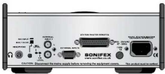 NEC RINPUT BUILT IN VAC HEADPONE 1 L LEVEL L 1 L LEVEL EXTERNAL OUTPUT 2 L EXTERNAL INPUTS STATION/MASTER REMOTER SONIFEX www.sonifex.co.uk TWO-30VAC 47 - 60Hz FUS: 1.0 TOOL/MASTER REMOTER AXX - 20VAC 47 - 60Hz FUS: 1.0 CAUTION: Disconnect the mains supply before removing the equipment covers. This product must be copied