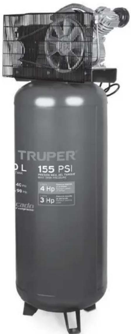 TRUPER DL 155 PSI PRESIÓN MAX. JOL. TANQUE MAX. TANAR PRESSURE 40 PSI 90 PSI cado a compreso 4 Hp 3 Hp