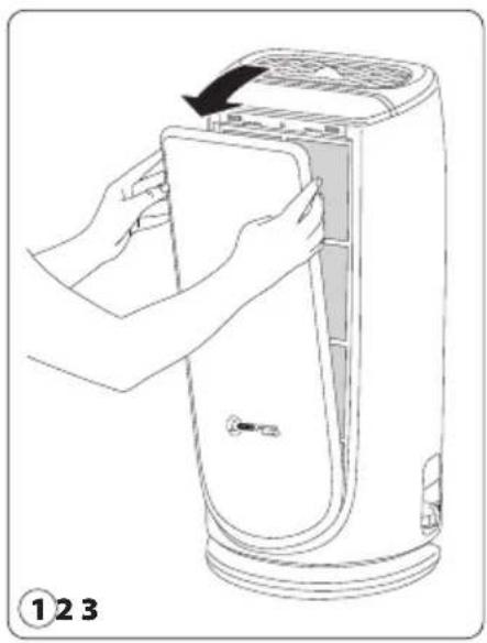 Line drawing of a person opening a large air conditioner unit with a door handle (no text or symbols)