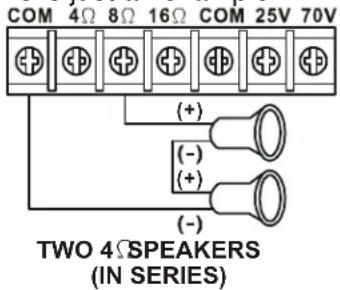 COM 4Ω 8Ω 16Ω COM 25V 70V (+) (+) (-) (+) (-) (-) TWO 4Ω SPEAKERS (IN SERIES)