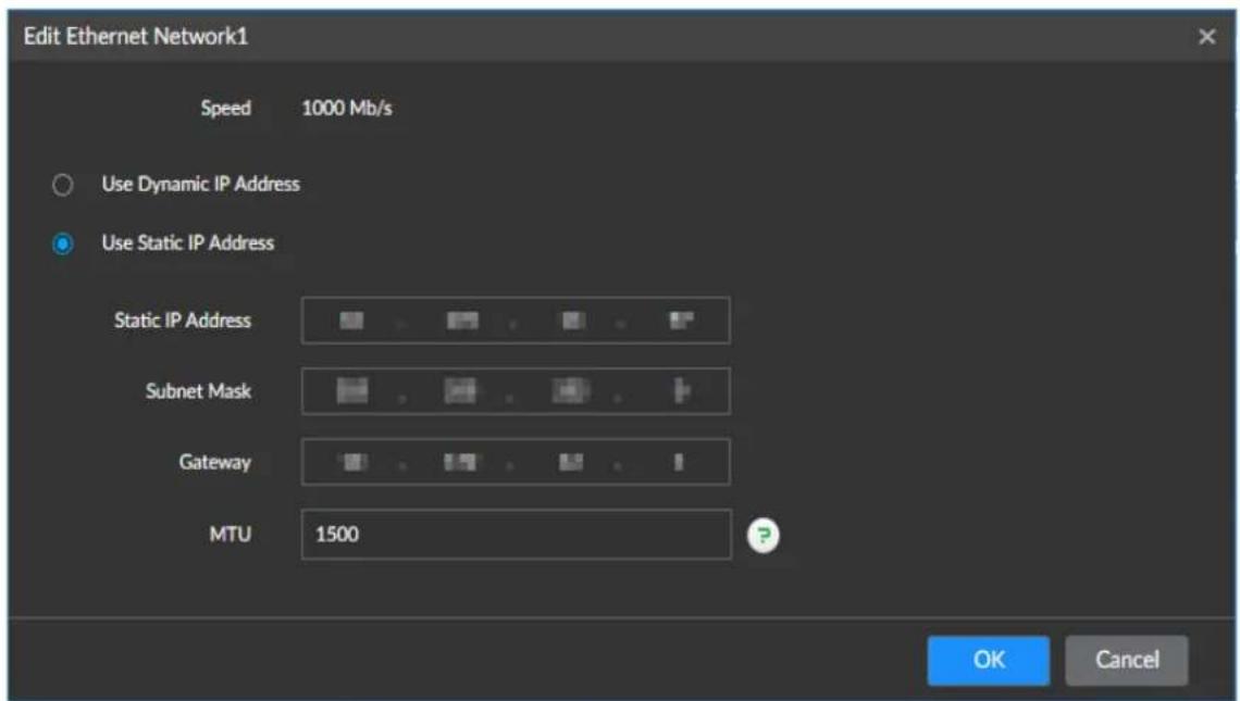 Edit Ethernet Network1 Speed 1000 Mb/s Use Dynamic IP Address Use Static IP Address Static IP Address Subnet Mask Gateway MTU 1500 OK Cancel