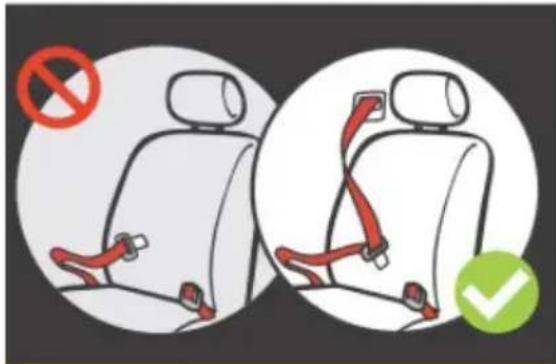 Diagram showing two car seatbelt scenarios with a no-smoking symbol and a green checkmark indicating approval.