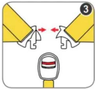 Diagram showing two yellow objects interacting with a carabiner, with red arrows indicating movement or force direction.