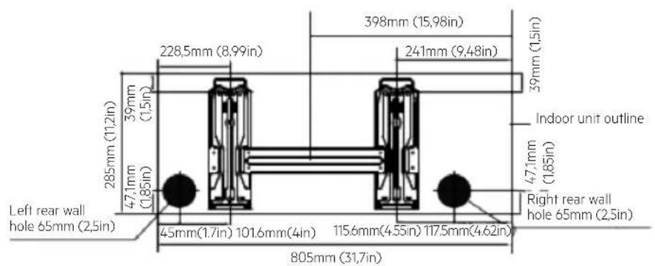 398mm (15,98in) 241mm (9,48in) 39mm (1,5in) 228,5mm (8,99in) 39mm (1,5in) 285mm (11,2in) 47,1mm (1,85in) 47,1mm (1,85in) Indoor unit outline Left rear wall hole 65mm (2,5in) 45mm(1.7in) 101.6mm(4in) 115.6mm(4.55in) 117.5mm(4.62in) Right rear wall hole 65mm (2,5in) 805mm (31,7in)