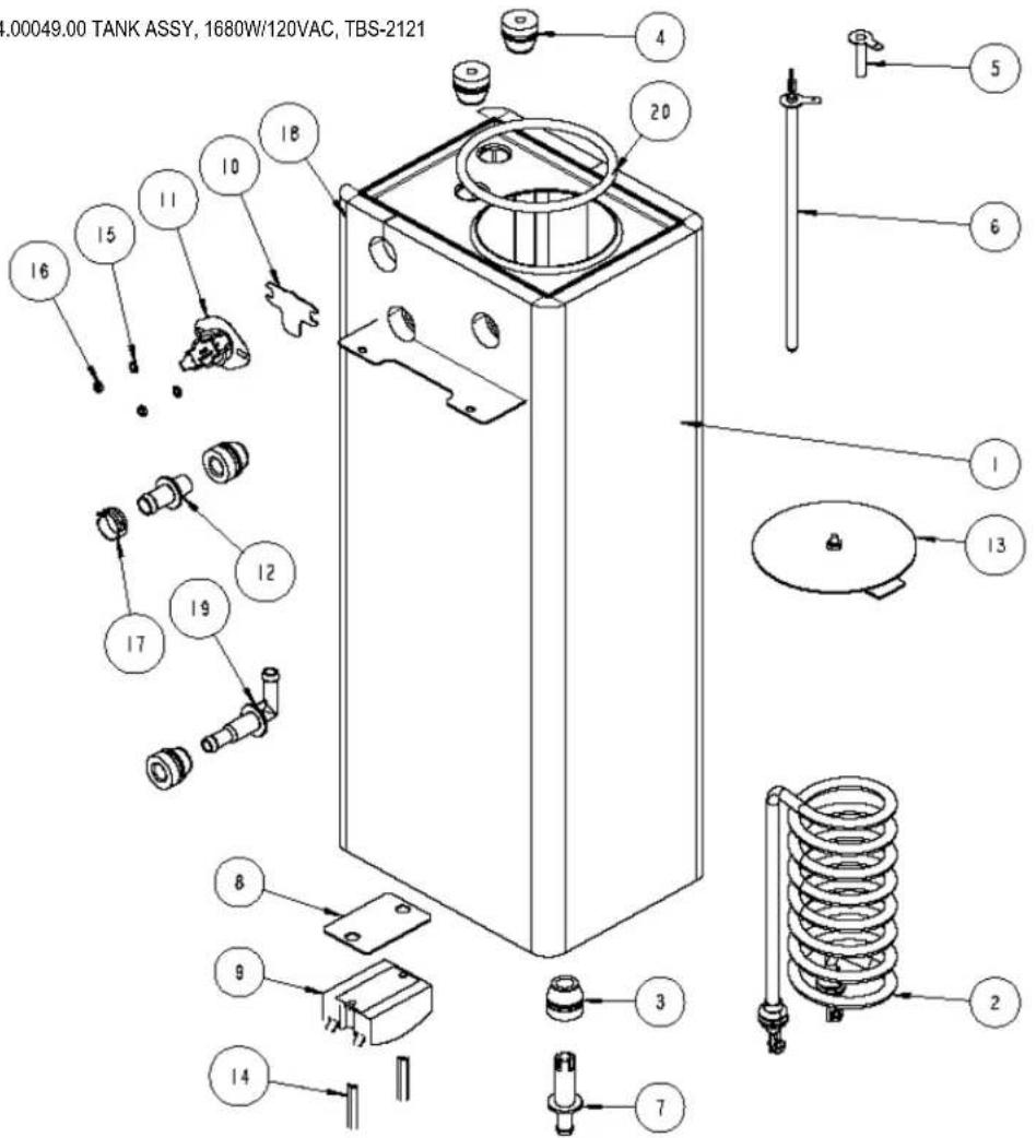 1.00049.00 TANK ASSY, 1680W/120VAC, TBS-2121 16 15 11 10 18 20 4 5 6 1 13 17 19 12 8 9 3 2 7
