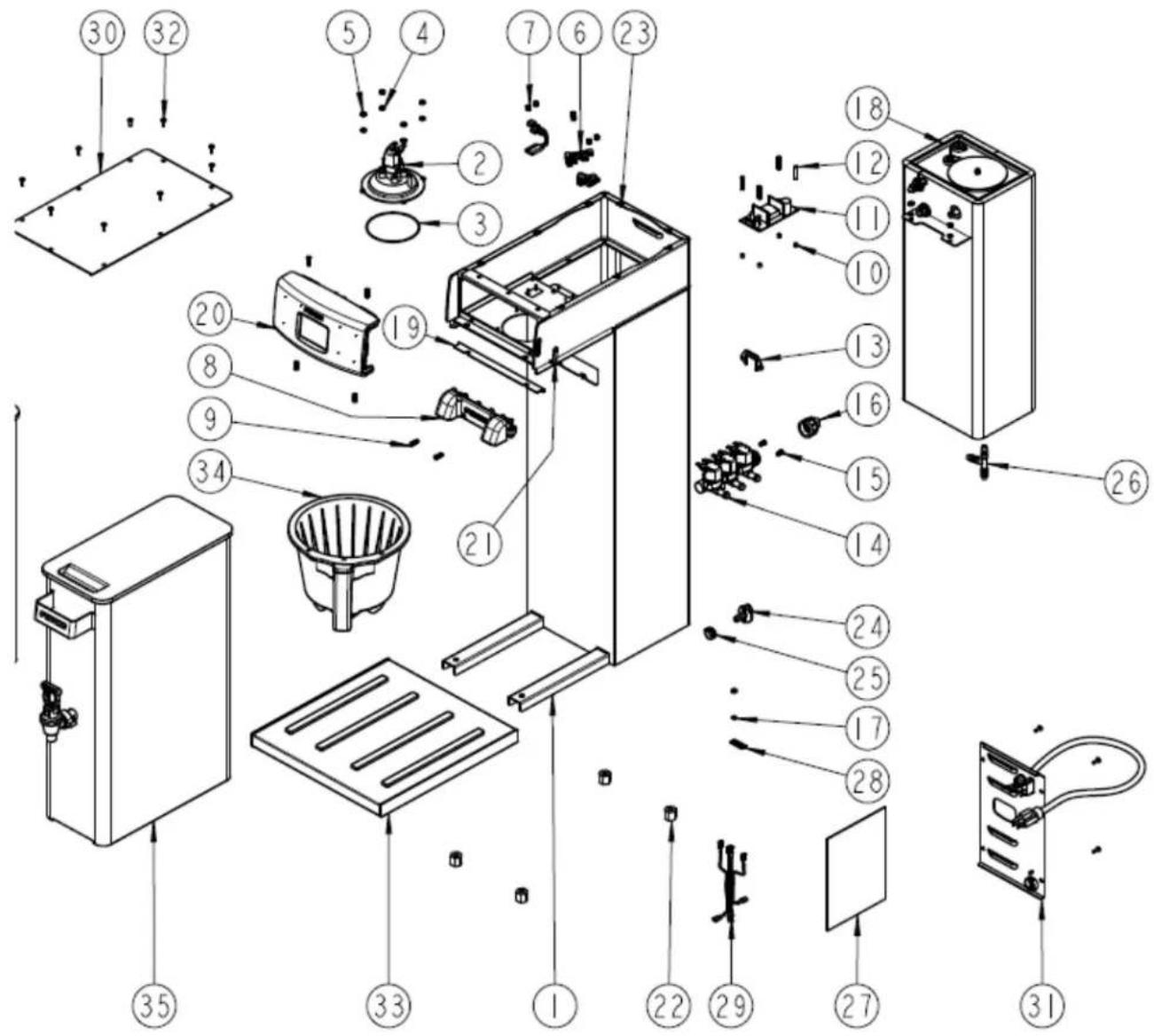 Exploded view diagram of a refrigerator with numbered parts for identification