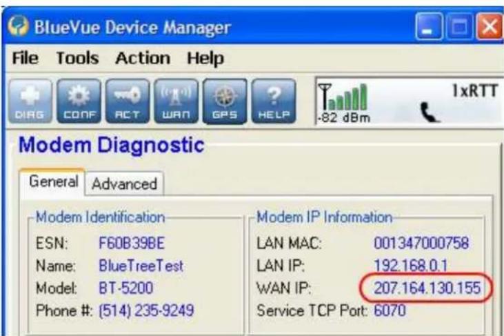 BlueVue Device Manager File Tools Action Help DIRS CONF ACT WAN GPS HELP 1xRTT Modem Diagnostic General Advanced Modem Identification ESN: F60B39BE Name: BlueTreeTest Model: BT-5200 Phone #: (514) 235-9249 Modem IP Information LAN MAC: 001347000758 LAN IP: 192.168.0.1 WAN IP: 207.164.130.155 Service TCP Port: 6070