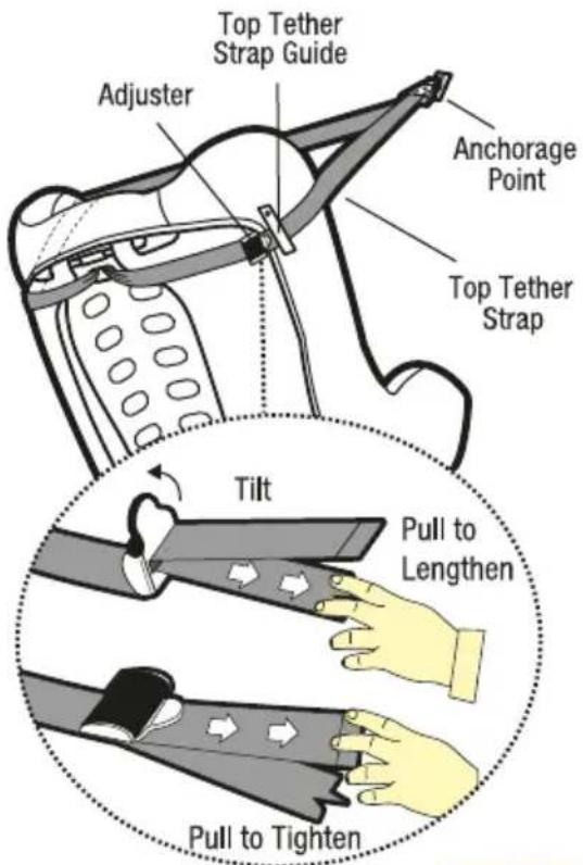 Top Tether Strap Guide Adjuster Anchorage Point Top Tether Strap Tilt Pull to Lengthen Pull to Tighten