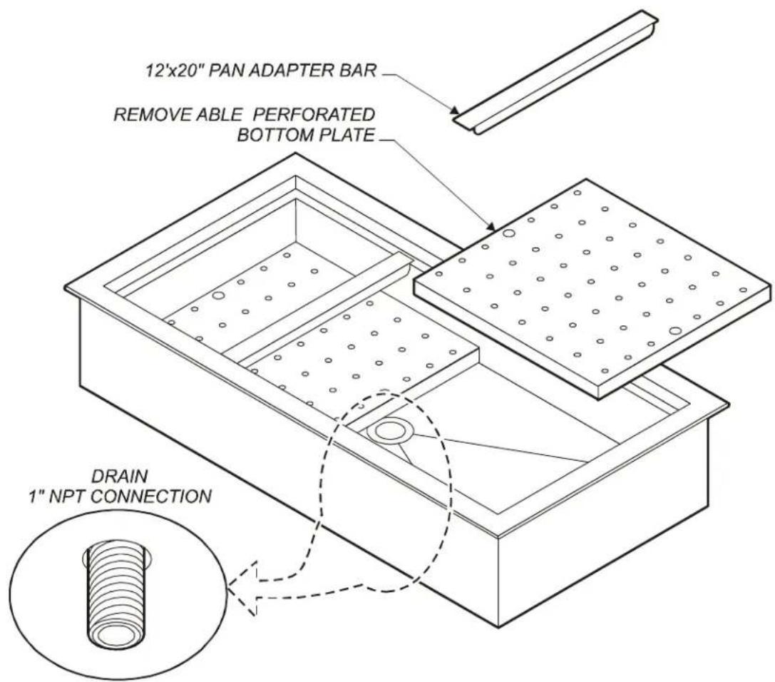 12'x20" PAN ADAPTER BAR REMOVE ABLE PERFORATED BOTTOM PLATE DRAIN 1" NPT CONNECTION
