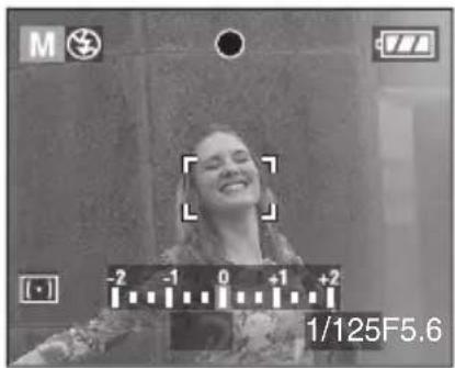 Black-and-white photo of a smiling woman with camera lens and exposure settings (no readable text or symbols)