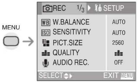 REC 1/3 SETUP WB W.BALANCE AUTO ISO SENSITIVITY AUTO PICT.SIZE 2560 QUALITY AUDIO REC. OFF SELECT EXIT MENU