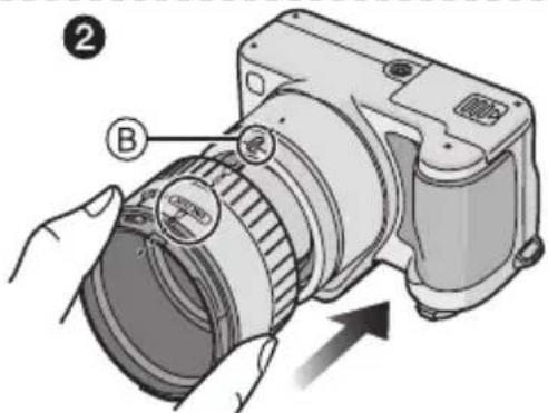 Diagram of a camera with labeled parts and directional arrow, showing mechanical components and parts labeled B.