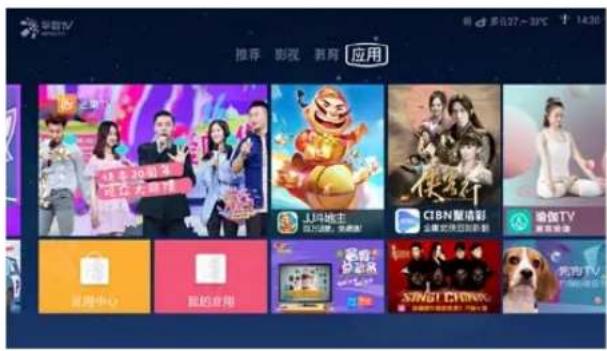 推荐 影视 教育 应用 19:30-29:00 我的音乐 JWYKCHU CIBN聚情彩 完美世界 微信TV 完美故事 管理中心 我的应用 爱奇艺 STREET COLDING 我的TV 5月27~30℃ 14:30
