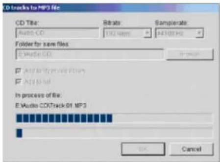 CD tracks to MP3 file CD Title: Audio CD Bitrate: 192.40ms Samplerate: 84100 Hz Folder for save files: E Audio CD In process of file: E Audio CDTrack 01 MP3 OK Cancel