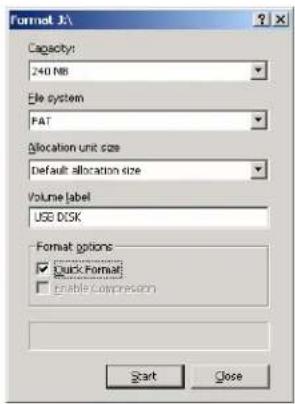 Format J:\ Capacity: 240 MB File system PAT Allocation unit size Default allocation size Volume label USB DISK Format options ✓ Quick Format ✓ Enable Compression Start Close