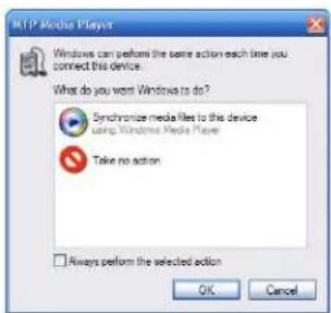 MIP Movie Player Windows can perform the same action each time you connect this device. What do you want Windows to do? Synchronize media files to this device using Windows Media Player Take no action Always perform the selected action OK Cancel