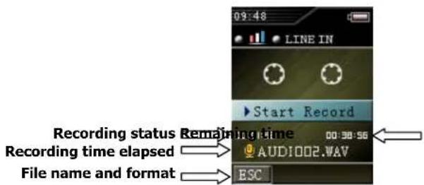 09:48 LINE IN Start Record Recording status Remaining Time 00:30:56 Recording time elapsed AUDIO2.WAV File name and format ESC