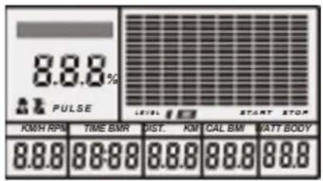 8.8.8% PULSE LEVEL 1.0 START STOP KWH RPM TIME BMR DIST. KM CAL BM WATT BODY 8.8.8 88:88 8.8.8 88.8 88.8