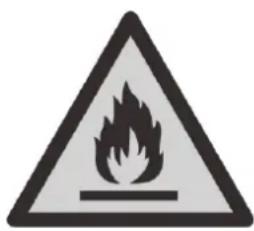 Warning sign depicting a flame symbol in a triangular shape, indicating hazard or electrical hazard.