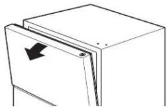 Simple line drawing of a refrigerator with a door and arrow indicating left side (no text or symbols)