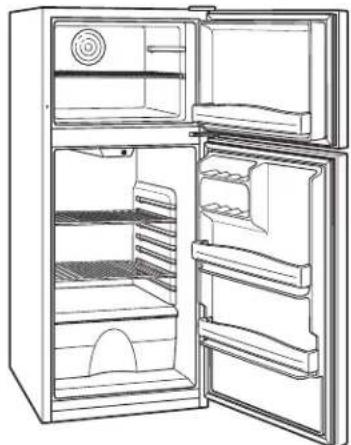 Line drawing of an open refrigerator with doors open and one side showing a lid (no text or symbols)