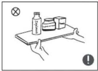Illustration showing hands holding a tray with a bottle, a jar, and a cross symbol, with an exclamation mark and a warning icon.