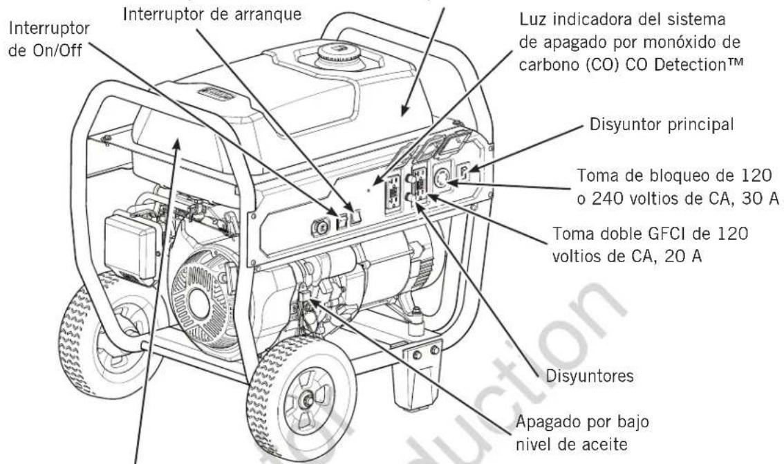 Interruptor de On/Off Interruptor de arranque Luz indicadora del sistema de apagado por monóxido de carbono (CO) CO Detection™ Disyuntor principal Toma de bloqueo de 120 o 240 voltios de CA, 30 A Toma doble GFCI de 120 voltios de CA, 20 A Disyuntores Apagado por bajo nivel de aceite