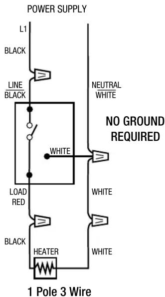 POWER SUPPLY L1 BLACK LINE BLACK NEUTRAL WHITE NO GROUND REQUIRED WHITE LOAD RED WHITE BLACK HEATER WHITE 1 Pole 3 Wire