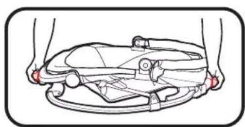 Line drawing of a car wheel assembly with hands holding red buttons (no text or symbols)